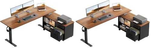 55" L Shaped Electric Standing Desk with Cabinet Sets, Walnut/Black (Pack of 2) - color: Walnut+black, size: 55 Inch (Pack of 2)