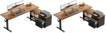 55" L Shaped Electric Standing Desk with Cabinet Sets, Walnut/Black (Pack of 2) - color: Walnut+black, size: 55 Inch (Pack of 2)