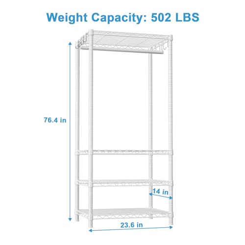 H4 Mini Portable Closet, 4 Tiers Freestanding Clothing Garment Rack for Small Space, Metal Clothes Wardrobe System for Bedroom, 23.6" W x 14" D x 76.4" H, Load 502 lbs, White | Metal Clothes Wardrobe System for Apartment, Small Space and Bedroom, Load 502