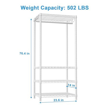 H4 Mini Portable Closet, 4 Tiers Freestanding Clothing Garment Rack for Small Space, Metal Clothes Wardrobe System for Bedroom, 23.6" W x 14" D x 76.4" H, Load 502 lbs, White | Metal Clothes Wardrobe System for Apartment, Small Space and Bedroom, Load 502