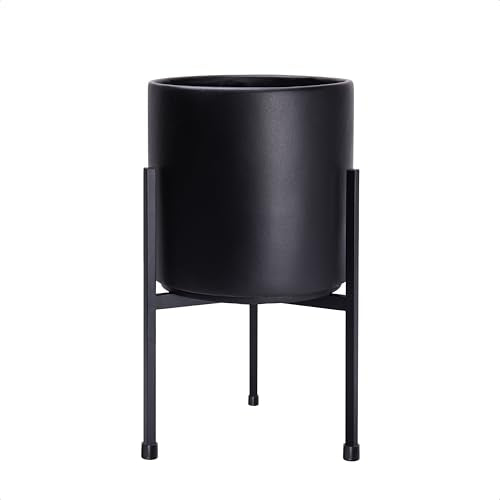 D'vine Dev Cylinder Planter Pot with Metal Stand, Black, 8 in, 96-T-B-1 | Durable Fiberclay Construction, Sleek Modern Design, Heavy-Duty Iron Stand, Drainage Hole & Saucer, Elegant Indoor Display - color: Black, size: Small 8 Inch