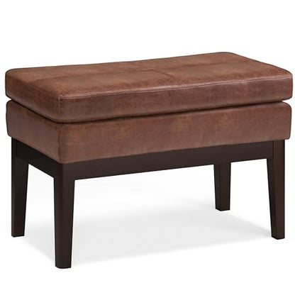 SIMPLIHOME Carlson 27" Wide Woven Fabric Rectangle Ottoman in Saddle Brown | Distressed saddle brown, mid-century modern ottoman with a padded seat for bedroom or living room; footstool or bench. - color: Distressed Saddle Brown, style: Small Ottoman Benc