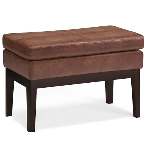 SIMPLIHOME Carlson 27" Wide Woven Fabric Rectangle Ottoman in Saddle Brown | Distressed saddle brown, mid-century modern ottoman with a padded seat for bedroom or living room; footstool or bench. - color: Distressed Saddle Brown, style: Small Ottoman Benc