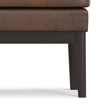 SIMPLIHOME Carlson 45" Wide Vegan Leather Rectangle Ottoman in Brown | Distressed chestnut brown, mid-century modern ottoman bench with a padded seat; footstool, footrest, or bedroom bench. - color: Distressed Chestnut Brown, style: Ottoman Bench