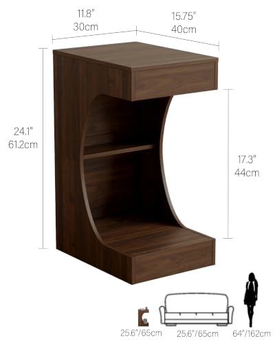 Veegle C-Shaped Side Table, Narrow End Table with Storage Shelf, C Table for Small Space, Small Coffee Tables for Living Room Bedroom (Walnut Brown)