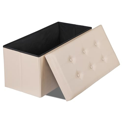 Nouva 30 Inches Ottoman Storage Bench, Folding Design Storage Chest Faux Leather Ottomans Footrest for Bedroom Living Room Office,Entryway, Beige - color: Beige, size: 15"D x 30"W x 15"H