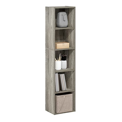 Furinno PASIR Book Shelf, 5-Tier Tall Narrow Bookshelf, Open Shelves Bookcase, 9 x 12 x 52, Easy Assembly, for Living Room, Bedroom, Home Office, French Oak - color: French Oak, size: 5-Tier Cube