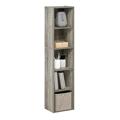 Furinno PASIR Book Shelf, 5-Tier Tall Narrow Bookshelf, Open Shelves Bookcase, 9 x 12 x 52, Easy Assembly, for Living Room, Bedroom, Home Office, French Oak - color: French Oak, size: 5-Tier Cube