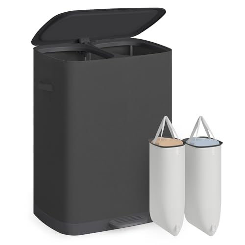 SONGMICS Laundry Basket with Lid, 42.2 Gallons, 2-Compartment Laundry Hamper with Handle and Pedal, Removable Liner, Easy Assembly, 22 x 18.5 x 29.5 Inches, Slate Gray ULCB832B101 - color: Slate Gray