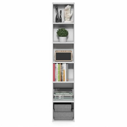 Furinno LUDER 6-Tier Narrow Book Shelf, Slim Bookshelf, White | 9.4 x 12.1 x 63.3, Open Shelf, Standing Bookcase, for Home Office, Living Room, Bedroom - color: White, size: 6-Tier, 12W
