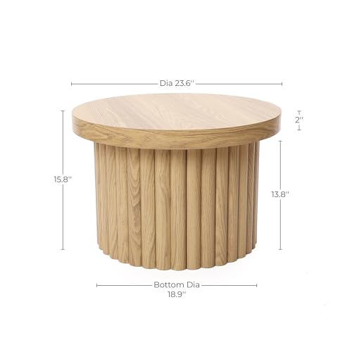 LuxenHome 23.5" Small Round Coffee Table, Wooden Fluted Oak Accent Table, Modern Side Tables for Living Room - color: C Brown