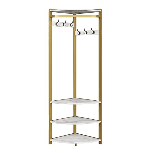 CABIHOME Space-Saving Corner Hall Tree with Shoe Bench, 6 Double Hooks & Storage Shelf, Multi-Purpose Entryway Corner Coat Rack Organizer for Hallway, Entryway, White+Gold - color: White+Gold