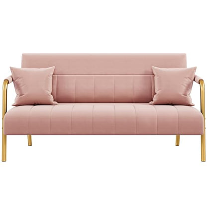 Yaheetech 56.5" Smal Sofa 2 Seater Couch with Gold-Tone Legs, Pink | Small Sofa Loveseat Velve 2 Seater Couch with Tufted Back Gold Metal Frame 2 Pillows for Office, Studio,Living Room - color: Pink, size: 56.5" W