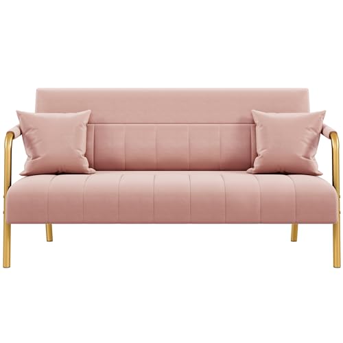 Yaheetech 56.5" Smal Sofa 2 Seater Couch with Gold-Tone Legs, Pink | Small Sofa Loveseat Velve 2 Seater Couch with Tufted Back Gold Metal Frame 2 Pillows for Office, Studio,Living Room - color: Pink, size: 56.5" W