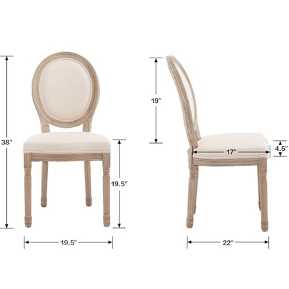 Kmax Farmhouse Dining Room Chairs, Brown Wood Legs Elegant Tufted Kitchen Chairs, French Distressed Bedroom Chairs with Round Back, Set of 2, Beige - color: Antique Brush-fabric-beige, size: 2 Chairs