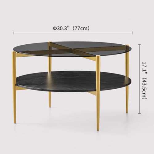 LumFurn Round Coffee Table for Living Room, Mid-Century Modern Design, D30 x H17, 2-Tier Structure, Grey Glass Top and Black Marble Finish Wood Shelf, Sleek Conical Metal Legs with Gold Finish Frame - color: D30" Grey & Black Marble