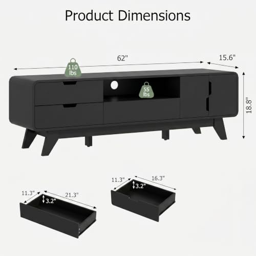 EAG Mid Century Modern TV Stand for 65 Inch TV, Entertainment Center with Storage Cabinet & 3 Drawers, Media and TV Console for Living Room, Bedroom, Black - color: Black, size: 62"