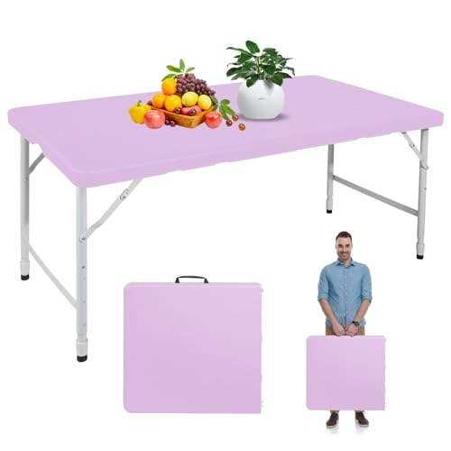 Portable 4Ft Folding Table, Heavy Duty Plastic Fold-in-Half Utility Foldable Table, Adjustable Height Plastic Folding Table with Carrying Handle for Camping &Party Indoor/Outdoor(Light Purple) - color: Light Purple, size: 4Ft