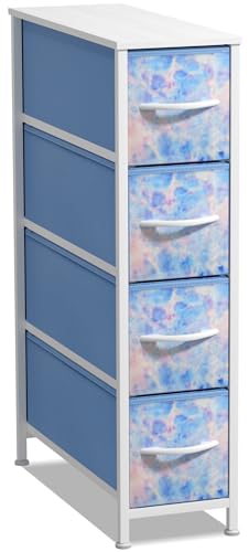 Sorbus Kids Narrow Dresser with 4 Drawers - Vertical Slim Storage Chest of Drawers with Steel Frame, Wood Top & Easy Pull Fabric Bins for Small Spaces, Closets, Bedroom, Bathroom & Laundry - color: Pastel Tie-dye, style: 4 Drawer