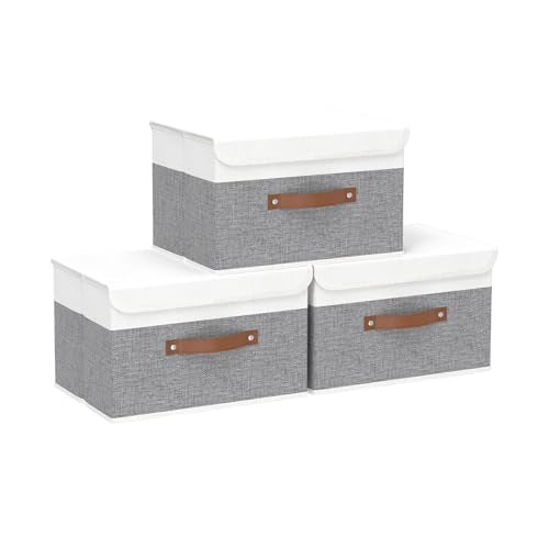 Yawinhe Collapsible Storage Boxes,White/Grey,10.2x7.9x6.7in,3-Pack | Fabric Storage bin with Lids, Washable Cube Organizer Basket; Container with Leather Handle,Closet Organizer for Home - color: White/Grey, size: S/(3 Pack)