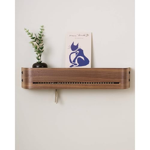 Key Holder Wall Mount with Shelf | 17 inch | Walnut | 5 Retractable Hooks | Modern Wall Key Hooks | Minimalist | Space-Saving | Wooden Key Rack for Entryway & Hallway - color: Walnut