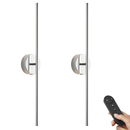 KARTOOSH Battery Operated Wall Sconces Set of Two Wireless Wall Lights | Rechargeable Wall Sconce with Remote 350°Rotate Dimmable 3000K LED Wall Lamp for Living Room, Bedroom - color: Chrome, size: 32.2 Inches
