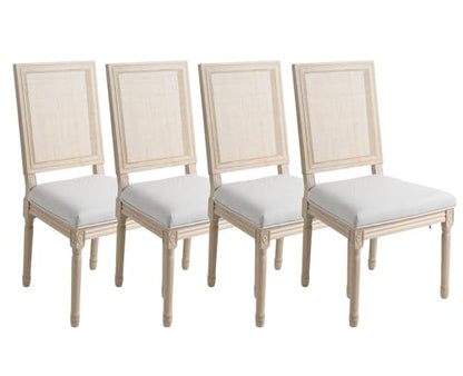 Kmax Farmhouse Dining Room Chairs, Fabric French Distressed Bedroom Chairs with Rectangle Rattan Back, Elegant Tufted Kitchen Chairs, Set of 4, Light Grey - color: White Wash/Rattan Light Grey, size: 4 Chairs