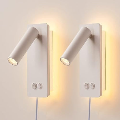Bedside Reading Lamp Wall Mounted, LED Wall Reading Lights for Bed, Plug in Wall Sconce Set of 2, Bed Reading Light 3W 3000K Book Light with 9W Ambient Lighting - color: White, size: 2 Pack