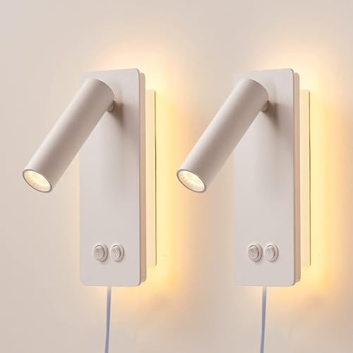 Bedside Reading Lamp Wall Mounted, LED Wall Reading Lights for Bed, Plug in Wall Sconce Set of 2, Bed Reading Light 3W 3000K Book Light with 9W Ambient Lighting - color: White, size: 2 Pack
