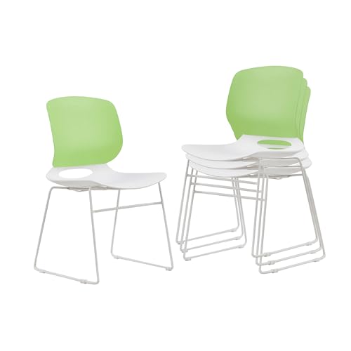 Stackable Chairs Set of 4: Modern Green & White Chairs for Cafe & Home Office - Ergonomic Back Support & Easy Stack Storage with Sturdy Metal Frame for Small Spaces