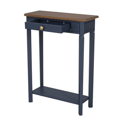 Marnie Console Table – 23.75” Wide Navy Blue Entryway Table with Storage Drawer & Shelf – Slim Accent for Hallways, Foyers, Living Rooms and Small Spaces – Handcrafted Bayur Wood | 23.75-inch slim hallway table with lower shelf, two-tone wood finish, blue