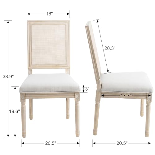 Kmax Farmhouse Dining Room Chairs, Fabric French Distressed Bedroom Chairs with Rectangle Rattan Back, Elegant Tufted Kitchen Chairs, Set of 2, Light Grey - color: White Wash/Rattan Light Grey, size: 2 Chairs