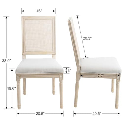 Kmax Farmhouse Dining Room Chairs, Fabric French Distressed Bedroom Chairs with Rectangle Rattan Back, Elegant Tufted Kitchen Chairs, Set of 4, Light Grey - color: White Wash/Rattan Light Grey, size: 4 Chairs