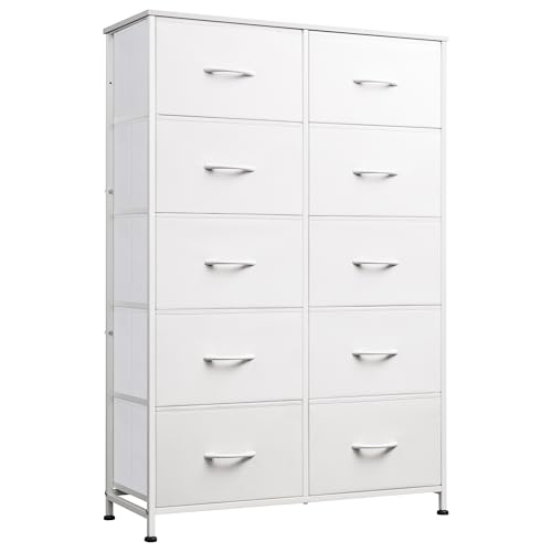 WLIVE Tall Dresser for Bedroom with 10 Fabric Drawers, White | 10 Drawers, Fabric Dresser for Closet, Storage Tower with Cabinet, Metal Frame - color: White