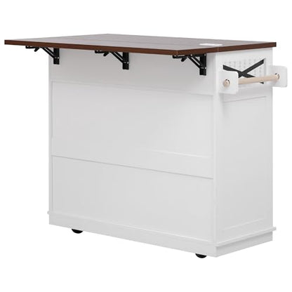 46.5'' Farmhouse Kitchen Island with Charging Station, Drop Leaf & Bead Drape - Mobile Rolling Cart, Ample Storage, Rustic Wood Grain Countertop for Compact Spaces (White+Brown) - color: White+brown)