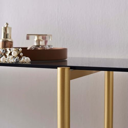 LumFurn Glass Console Table for Living Room, Foyer & Entrance, 2-Tiers Mid-Century Modern Sofa Table with Grey Glass Top, Black Marble Finish Wood Shelf and Gold Finish Frame - color: Grey & Black Marble