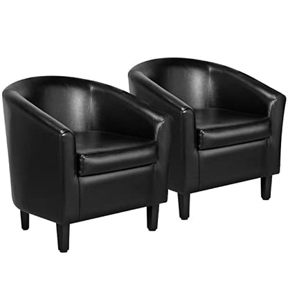 Yaheetech Accent Chairs Set of 2, Faux Leather Barrel Armchairs Black | Water-resistant Faux Leather Chairs with High-density Foam and Solid Wood Legs for Living Room, Waiting Room, Small Space - color: Black(faux Leather), style: without Ottoman