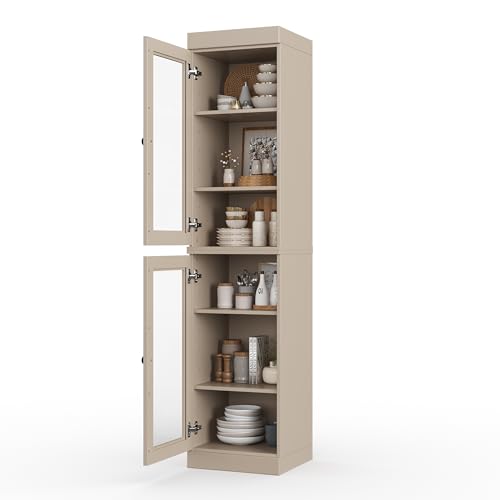 Solid Wood Kitchen Pantry Cabinet w/Glass Doors - Narrow Storage Cabinet - 16.5" Wide x 71.5" Tall - Beige, Adjustable Shelves, 100% Eco-Friendly Wood, Modular Cabinets - color: Beige, style: Clear Glass Doors