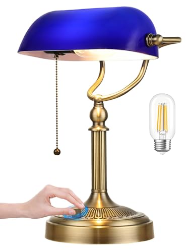 Blue Stepless Dimmable Glass Bankers Desk Lamp | Table Lamp Plug in Fixture for Study Home Office, LED Bulb Included - color: Blue-Dimmable