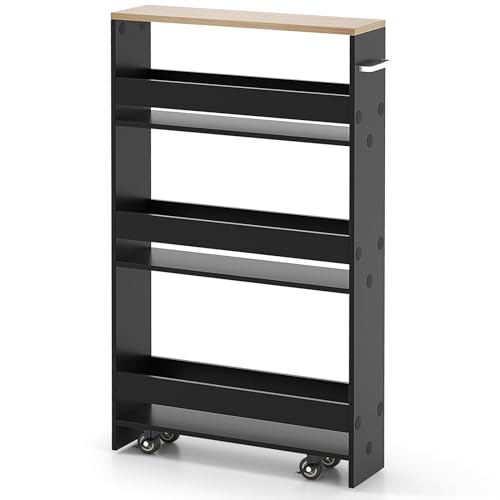 MAT EXPERT Slim Rolling Storage Cart, 4-Tier Freestanding Slim Storage Cart with Wheels 360 Degree & Metal Handle, Wooden Utility Cart for Narrow Kitchen, Laundry Room, Bathroom (Black + Natural) - color: Black + Natural