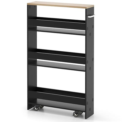 MAT EXPERT Slim Rolling Storage Cart, 4-Tier Freestanding Slim Storage Cart with Wheels 360 Degree & Metal Handle, Wooden Utility Cart for Narrow Kitchen, Laundry Room, Bathroom (Black + Natural) - color: Black + Natural