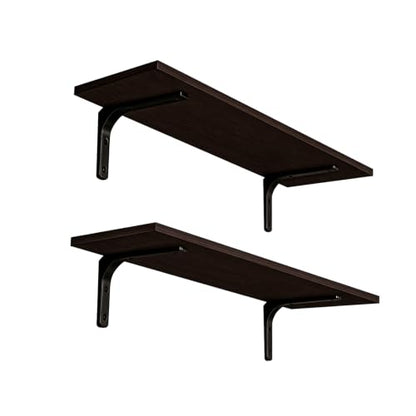 Long Wall Shelves, 23.6Inch Wooden Wall Mounted Shelves, Set of 2 | Floating Book Shelves, Metal Brackets, Easy Assembly, Max Load 22lbs, Wall Storage Ledges, Bedroom/Bathroom/Kitchen, Espresso - color: Espresso, size: 23.6 Inch