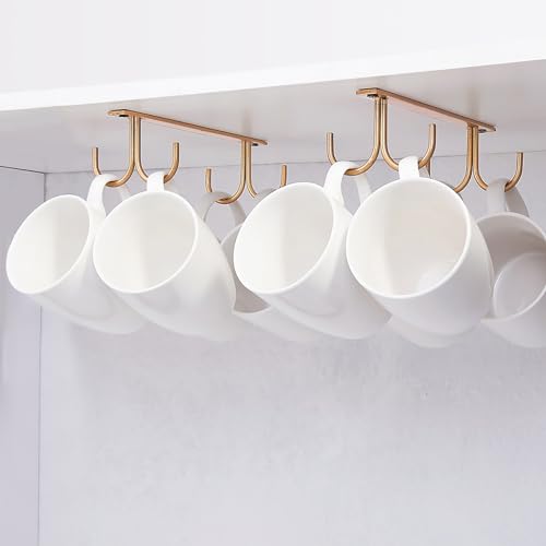 FOMANSH Mug Rack Under Cabinet - Coffee Cup Holder, 8 Mugs Hooks Under Shelf, Display Hanging Cups Drying Hook for Bar Kitchen Utensils Gold - color: Gold, size: 2 Pack