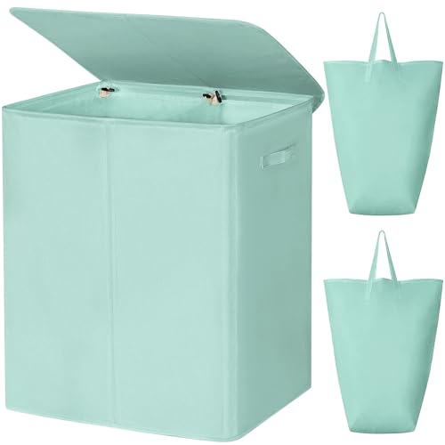 WOWLIVE 154L Double Laundry Hamper 2 Section with Lid and Removable Bags | Divided Laundry Basket, Large Dirty Clothes Hamper with Handle, Collapsible Laundry Storage for Dorm, College, Mint Green - color: Mint Green, size: 154l (24.8x 14.2 X 26.8 Inches)