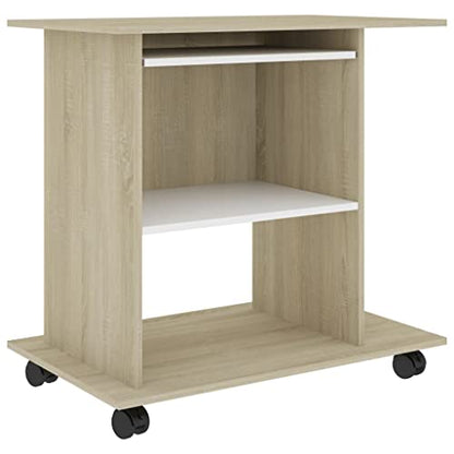 Compact Computer Desk 19.7x31.5x29.5 in, Engineered Wood PC Workstation on Wheels with 3 Shelves for Home Office - color: White and Sonoma Oak