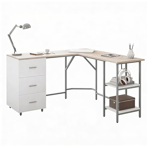 Techni Mobili 59" Two-Tone L‑Shaped Office Desk with Storage Shelves, Sand | 59" two‑tone L‑shaped desk with storage shelves, durable frame, modern corner workstation, spacious home office writing space - color: Sand