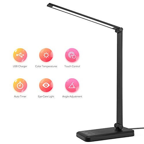 Led Desk Lamp, Desk Lamp with USB Charging Port, 5 Color Modes, 10 Brightness, Natural Light, Eye Caring Reading Lamp, Desk Light for Home Office, Table Lamp, Touch Control, Auto-Timer, Black - color: Black
