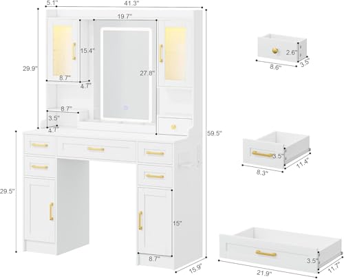 Vanity Desk with Mirror and LED Lights & Power Outlet | Large Makeup Vanity Table with 5 Drawers and 4 Storage Cabinets, White Dressing Table for Bedroom - size: 043 Pure White