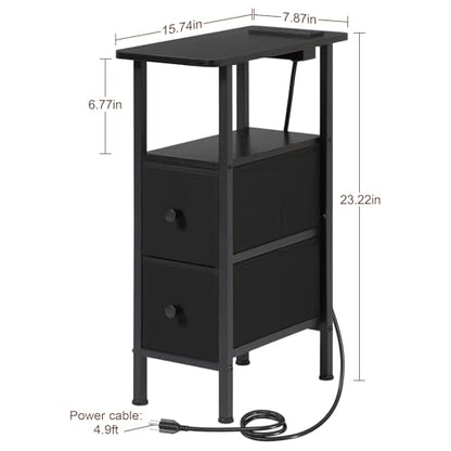 Narrow End Table with Charging Station, Small Nightstand | Skinny Side Tables Living Room with 2 Fabric Drawers, Slim Bedside Table for Bedroom, Small Spaces, Couch, Black - color: Black, size: 23.22''H (2 Drawers), style: Power