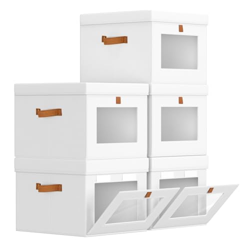 Storage Bins with Lid – Closet Organizer with Side Opening and Clear Window, Foldable Stackable Fabric Basket for Clothes, Home, Office - 13.77" x 11.8" x 9.8", 5 Pack, White - color: White, size: 13.7 Inch-5 Pack